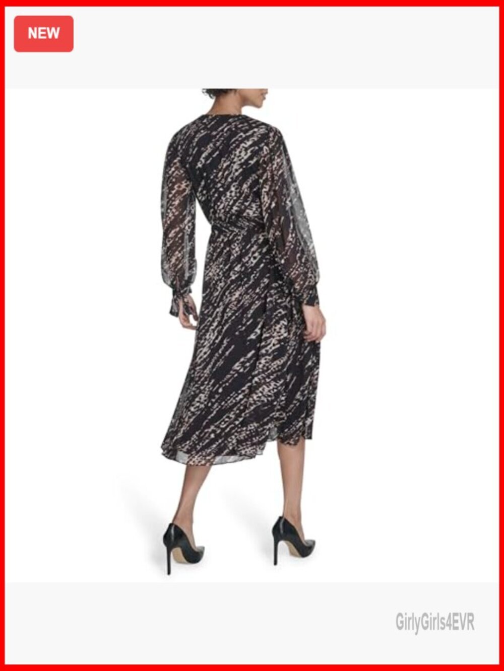 V-Neck Long Sleeve Chiffon Midi Dress - Floral Sheath - Picture 4 of 5